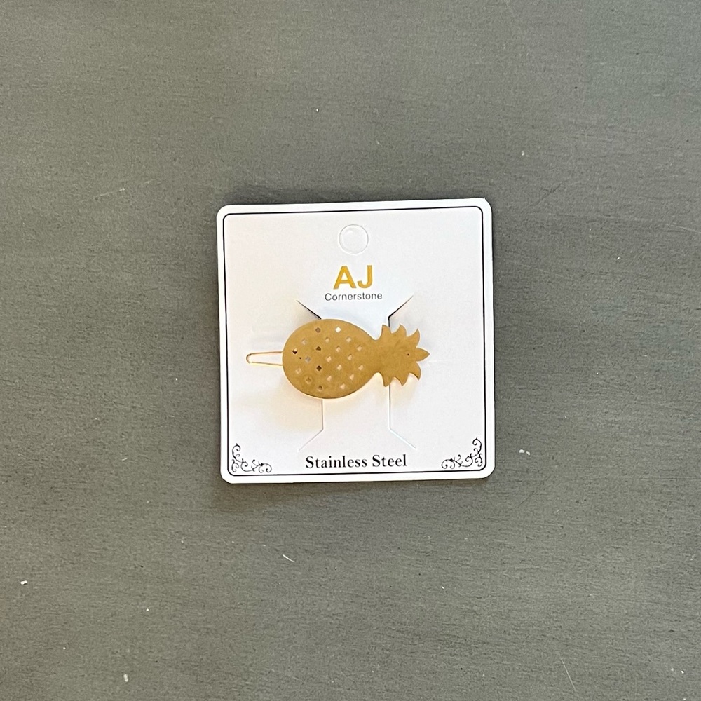 Gold Pineapple Stainless Steel Metal Hawaii Tiki Tropical Barrette Hair Clip